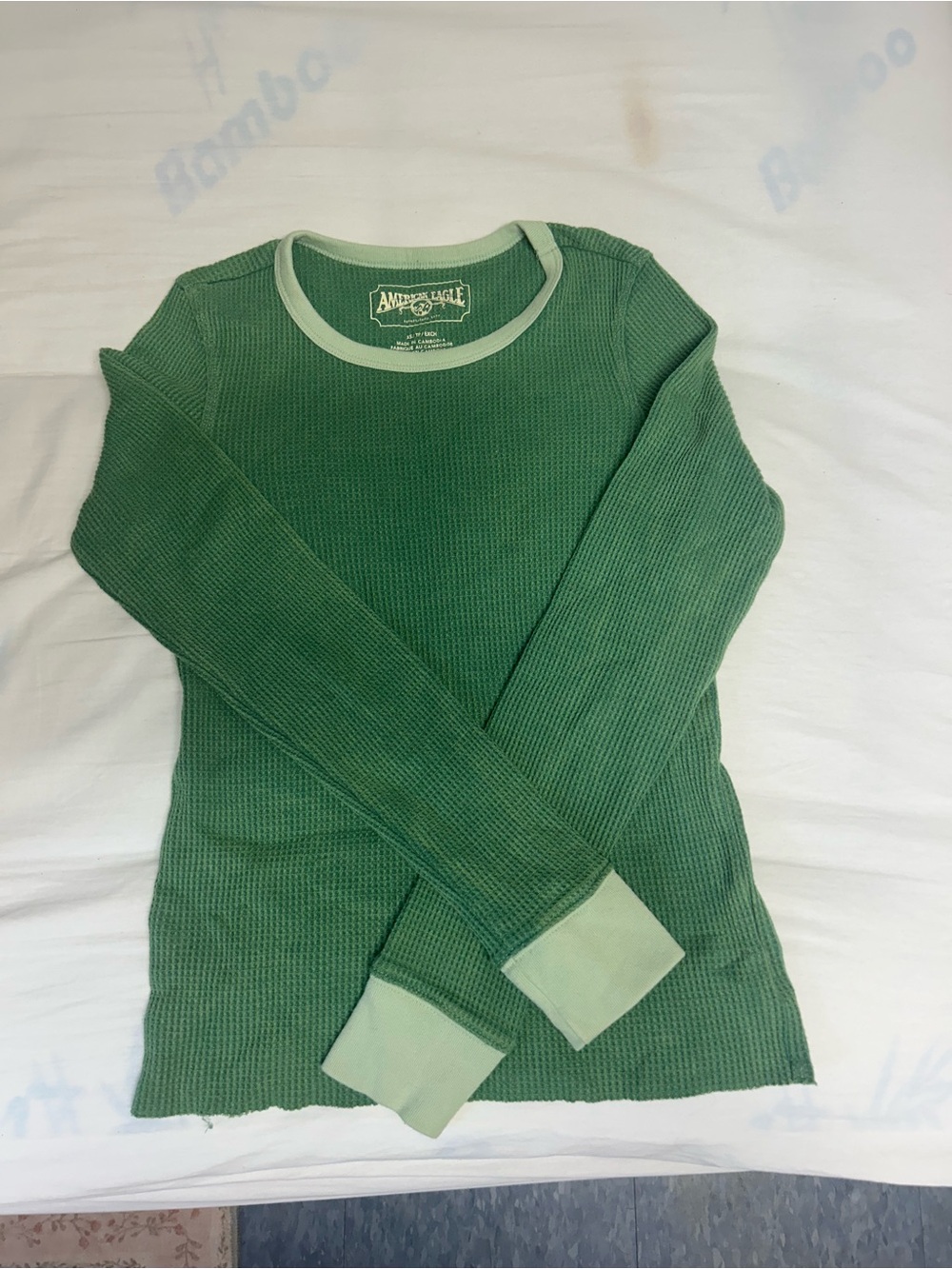 American Eagle Outfitters Green Waffle Crewneck with Light Green Trim